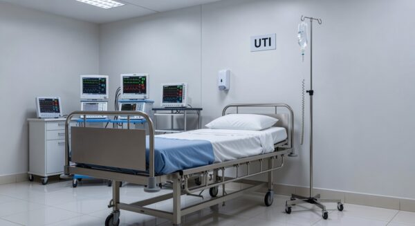 Quarto de UTI em hospital brasileiro com equipamentos médicos e cama vazia, representando boletim de saúde.