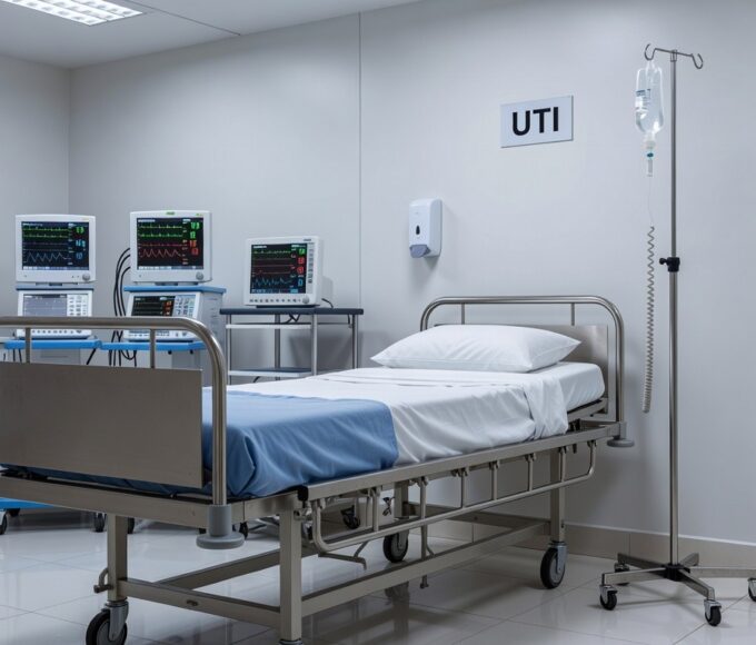 Quarto de UTI em hospital brasileiro com equipamentos médicos e cama vazia, representando boletim de saúde.