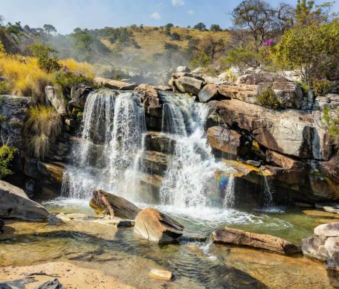 Cachoeira no Itapoã, DF, com água caindo sobre rochas e vegetação do Cerrado, em estilo fotojornalístico.