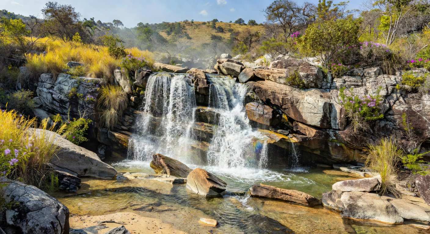 Cachoeira no Itapoã, DF, com água caindo sobre rochas e vegetação do Cerrado, em estilo fotojornalístico.