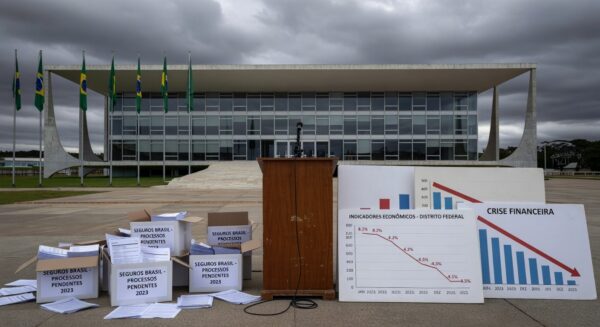 Fachada da CLDF em Brasília com documentos de seguros e relógio distorcido, simbolizando desperdício de tempo em meio a crises.