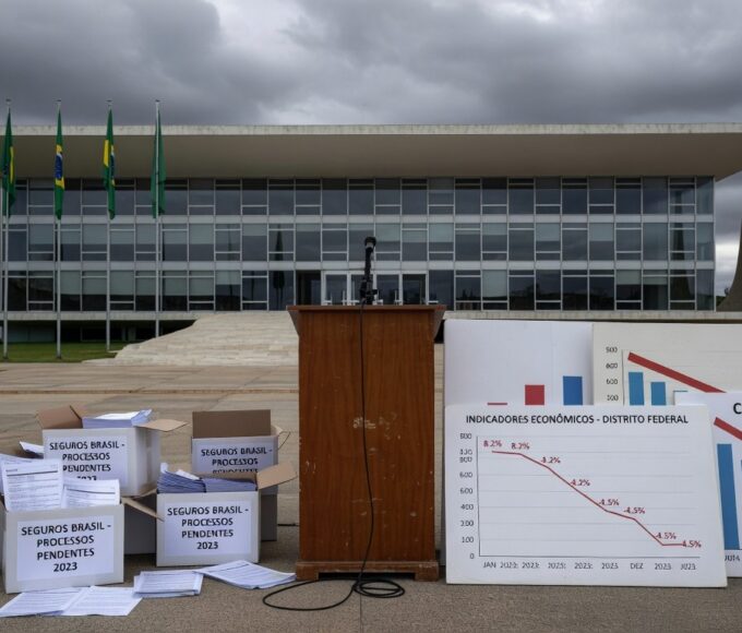 Fachada da CLDF em Brasília com documentos de seguros e relógio distorcido, simbolizando desperdício de tempo em meio a crises.