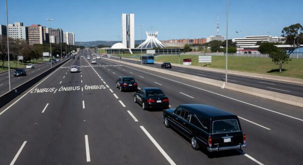 Veículo funerário em faixa exclusiva na rodovia EPNB ou EPTG no Distrito Federal, autorizado pelo DER-DF.