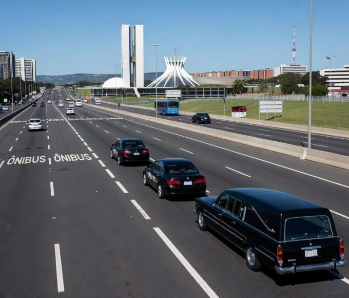Veículo funerário em faixa exclusiva na rodovia EPNB ou EPTG no Distrito Federal, autorizado pelo DER-DF.