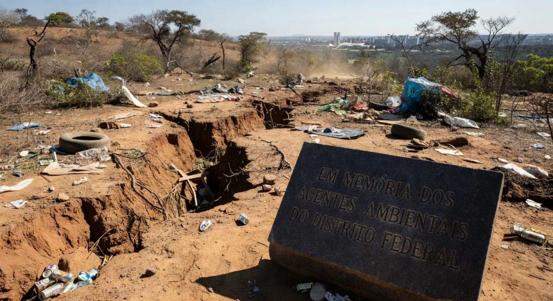 Placa de homenagem a agentes ambientais em área degradada do Cerrado no Distrito Federal, destacando críticas por falhas na fiscalização.