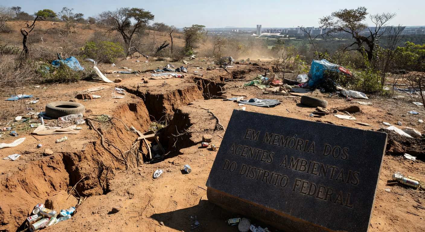 Placa de homenagem a agentes ambientais em área degradada do Cerrado no Distrito Federal, destacando críticas por falhas na fiscalização.