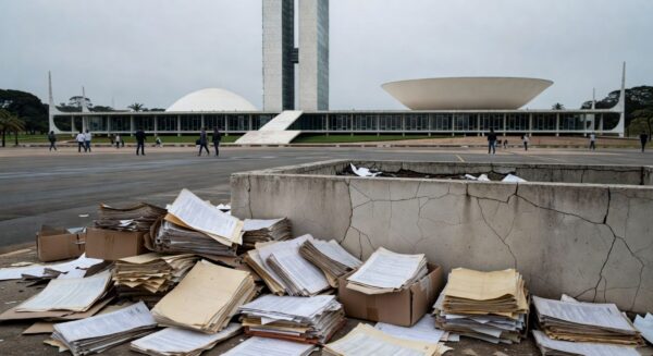 Fachada da CLDF em Brasília com céu nublado, representando falhas crônicas na governança do DF.