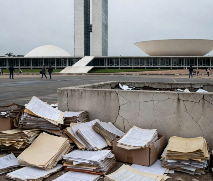 Fachada da CLDF em Brasília com céu nublado, representando falhas crônicas na governança do DF.