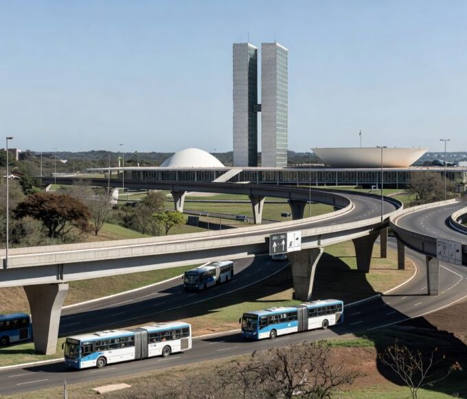 Vias urbanas e viadutos em Brasília, com ônibus, simbolizando melhorias em infraestrutura e mobilidade no DF.