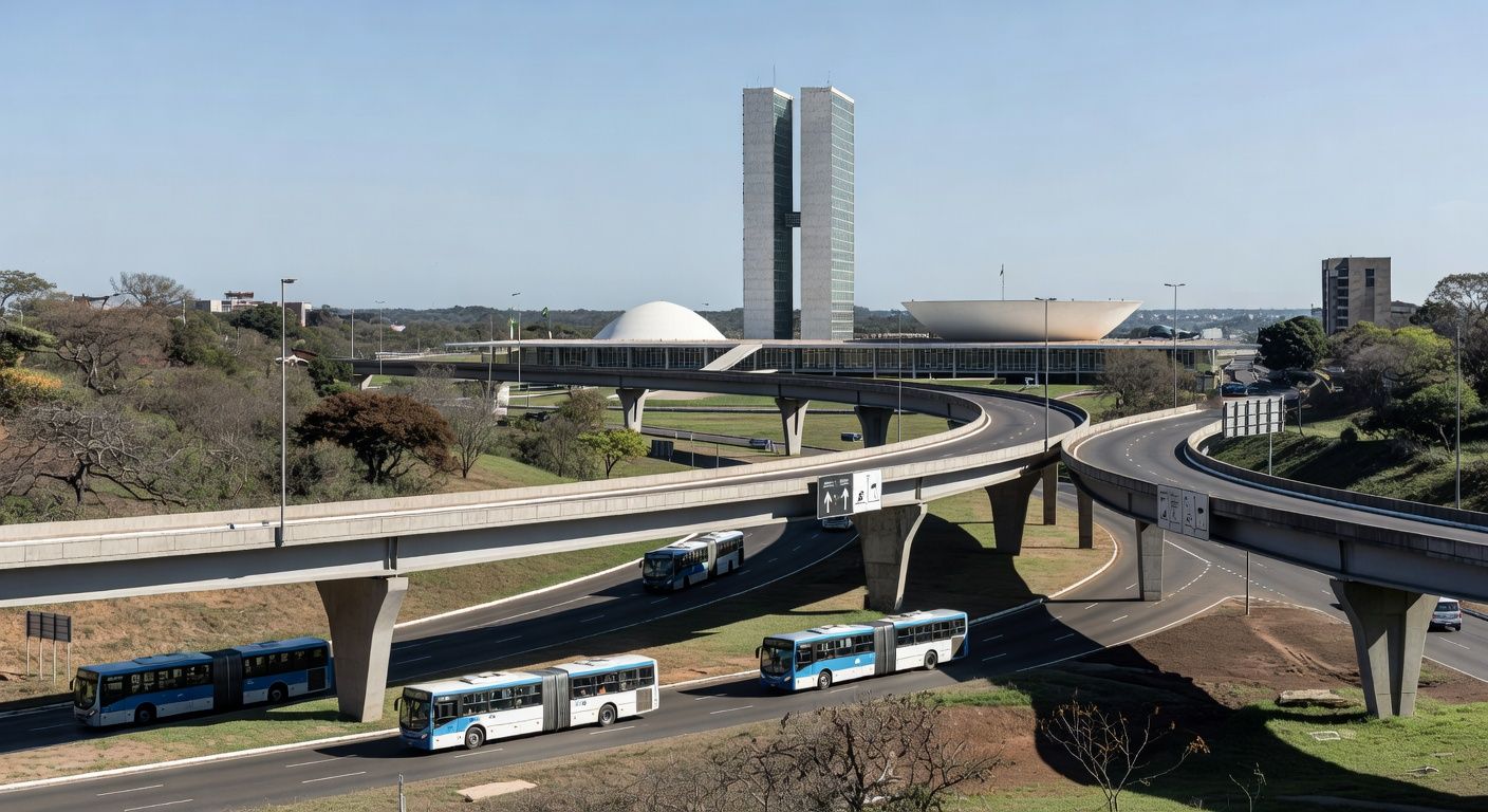 Vias urbanas e viadutos em Brasília, com ônibus, simbolizando melhorias em infraestrutura e mobilidade no DF.