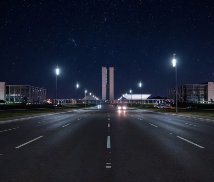 Rua noturna em Brasília com iluminação LED moderna, representando modernização pelo GDF no DF.