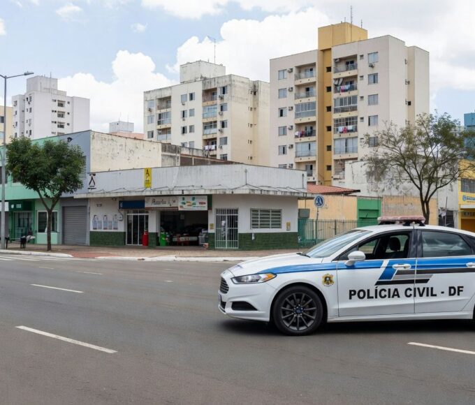 Viatura da Polícia Civil do DF em rua de Taguatinga, representando operação contra tráfico de drogas.
