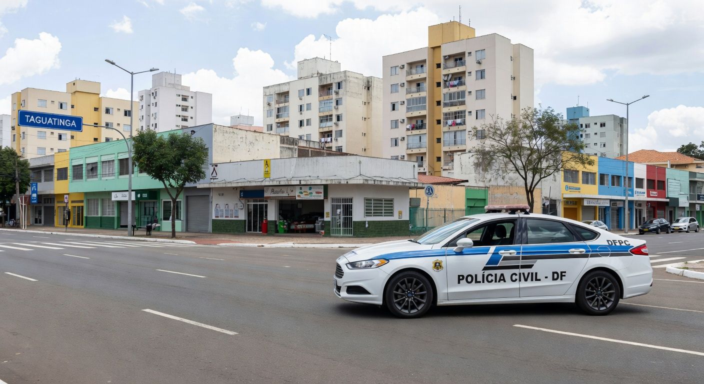 Viatura da Polícia Civil do DF em rua de Taguatinga, representando operação contra tráfico de drogas.