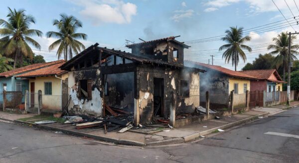 Casa residencial no Brasil danificada por incêndio, com marcas de fogo e fumaça, representando caso de condenação por homicídio.