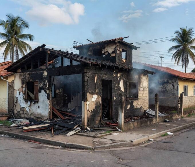 Casa residencial no Brasil danificada por incêndio, com marcas de fogo e fumaça, representando caso de condenação por homicídio.