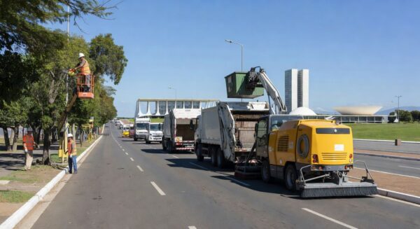 Manutenção urbana em avenida de Brasília, com equipamentos de zeladoria do GDF e Novacap no Distrito Federal.