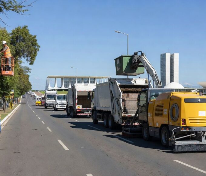 Manutenção urbana em avenida de Brasília, com equipamentos de zeladoria do GDF e Novacap no Distrito Federal.
