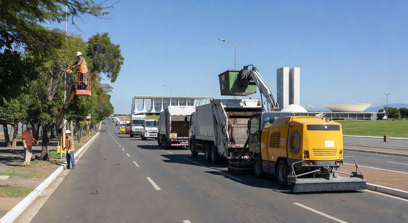 Manutenção urbana em avenida de Brasília, com equipamentos de zeladoria do GDF e Novacap no Distrito Federal.