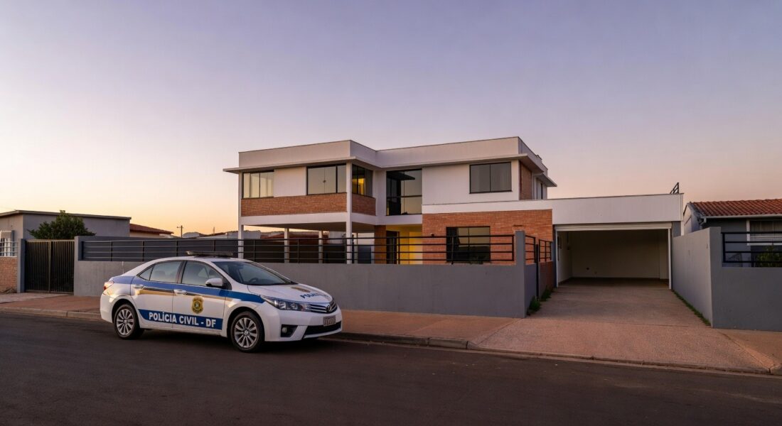 Viatura da polícia em frente a casa no DF, relacionada a prisão por violência doméstica e posse irregular de armas.