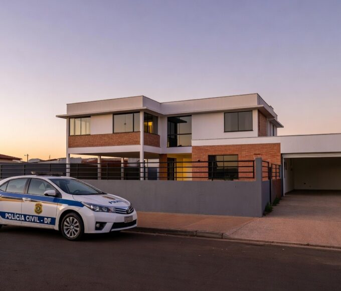 Viatura da polícia em frente a casa no DF, relacionada a prisão por violência doméstica e posse irregular de armas.