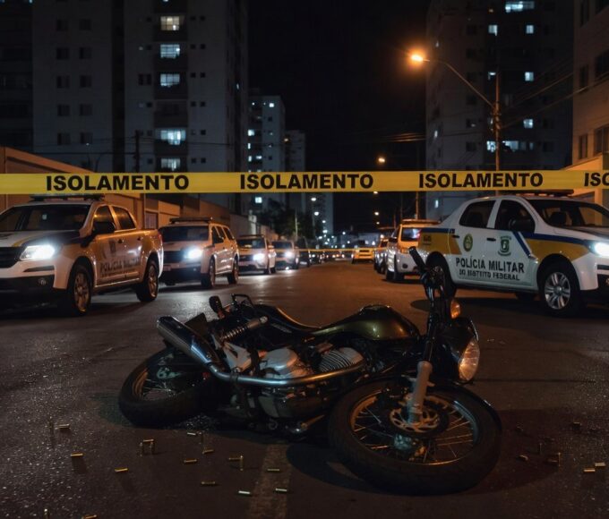 Rua vazia em Taguatinga com moto caída e fita de isolamento policial após incidente com tiros.