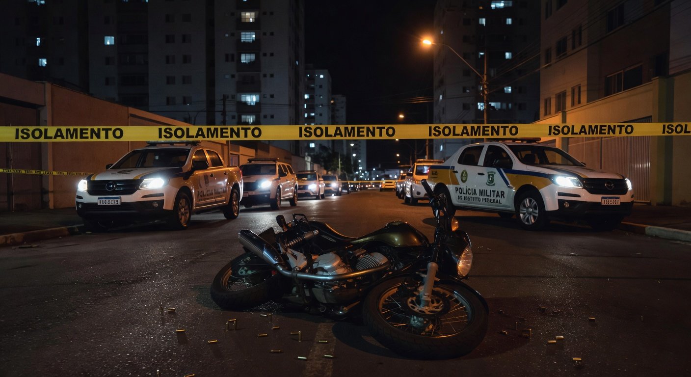 Rua vazia em Taguatinga com moto caída e fita de isolamento policial após incidente com tiros.