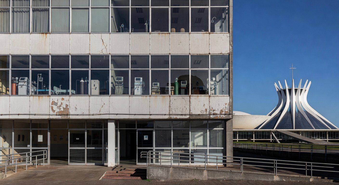 Hospital público em Brasília com sinais de desgaste, ilustrando falhas no sistema de saúde para exames em bebês com Down.