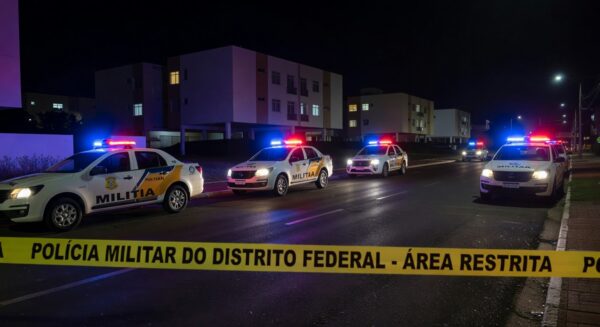 Viaturas da Polícia Militar do DF em rua de Brasília durante operação de resgate de reféns.