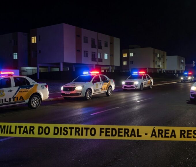 Viaturas da Polícia Militar do DF em rua de Brasília durante operação de resgate de reféns.