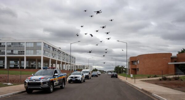 Viaturas da PMDF em rua de Brasília com drones derrubados ao fundo.