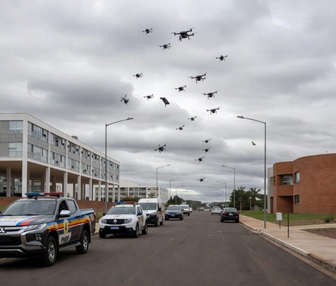 Viaturas da PMDF em rua de Brasília com drones derrubados ao fundo.