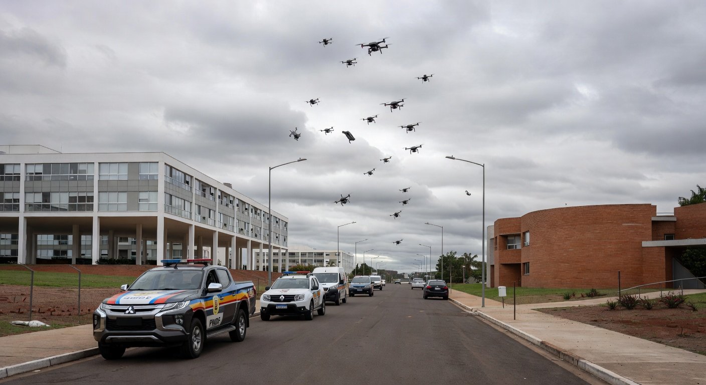 Viaturas da PMDF em rua de Brasília com drones derrubados ao fundo.