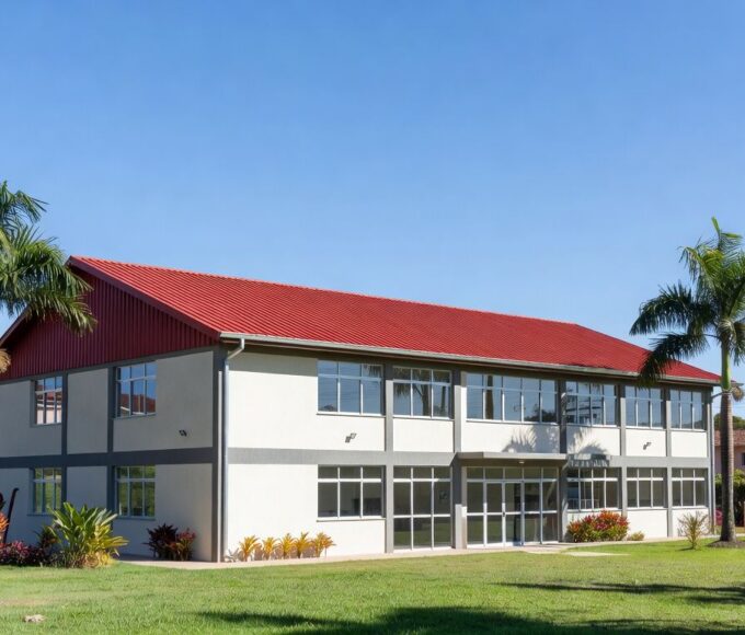 Escola Classe 401 recém-inaugurada no Itapoã Parque, com fachada moderna e ambiente residencial ao fundo.