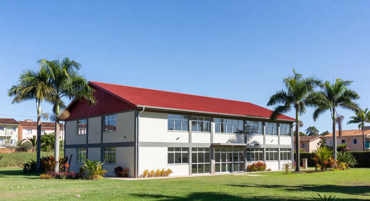 Escola Classe 401 recém-inaugurada no Itapoã Parque, com fachada moderna e ambiente residencial ao fundo.