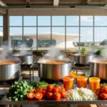 Cozinha comunitária no DF com panelas de moqueca de peixe para 45 mil refeições na Sexta-feira da Paixão.