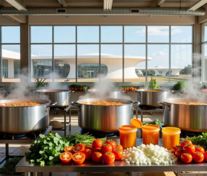 Cozinha comunitária no DF com panelas de moqueca de peixe para 45 mil refeições na Sexta-feira da Paixão.