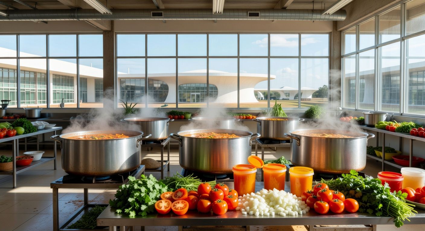 Cozinha comunitária no DF com panelas de moqueca de peixe para 45 mil refeições na Sexta-feira da Paixão.