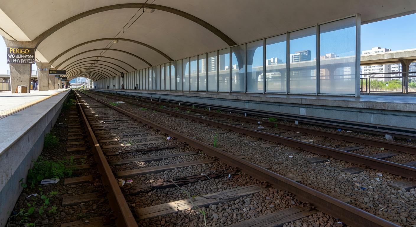 Estação de metrô em Brasília com pilhas de documentos burocráticos, representando atrasos em aquisições no Metrô-DF.