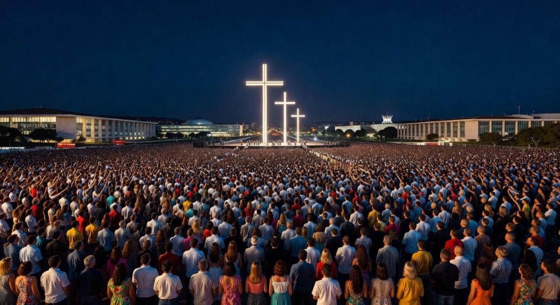 Multidão em evento evangélico no Distrito Federal, com arquitetura de Brasília ao fundo.