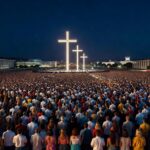 Multidão em evento evangélico no Distrito Federal, com arquitetura de Brasília ao fundo.