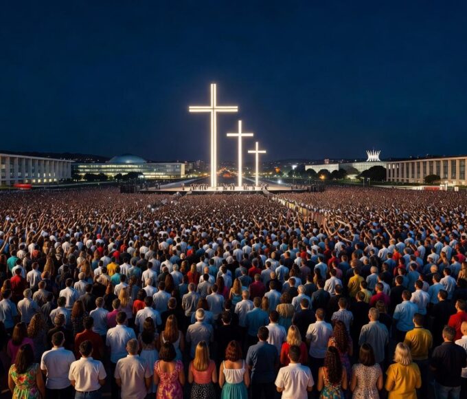 Multidão em evento evangélico no Distrito Federal, com arquitetura de Brasília ao fundo.