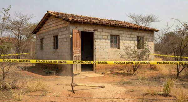 Casa simples em Águas Lindas (GO) com picareta abandonada e fita de isolamento policial, representando cena de tragédia familiar.