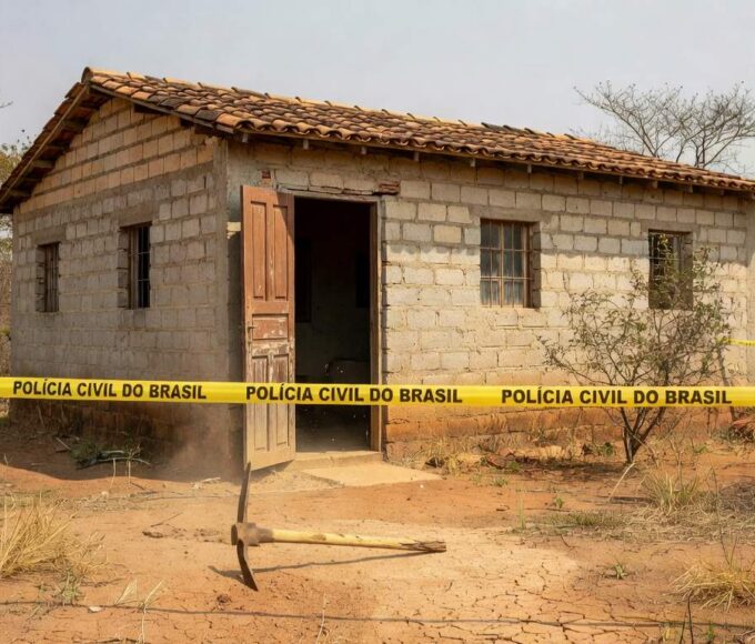 Casa simples em Águas Lindas (GO) com picareta abandonada e fita de isolamento policial, representando cena de tragédia familiar.