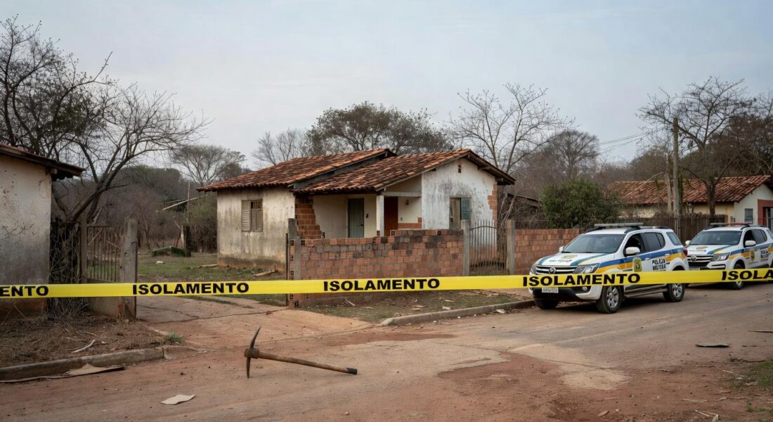 Picareta abandonada em rua de Águas Lindas, Goiás, em cena de tragédia familiar.