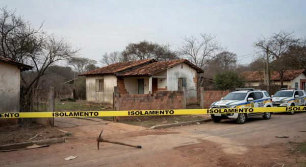 Picareta abandonada em rua de Águas Lindas, Goiás, em cena de tragédia familiar.