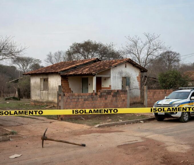 Picareta abandonada em rua de Águas Lindas, Goiás, em cena de tragédia familiar.