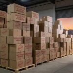 Mercadorias irregulares apreendidas pela Seec-DF na Operação Páscoa, caixas de ovos de chocolate em armazém no Distrito Federal.