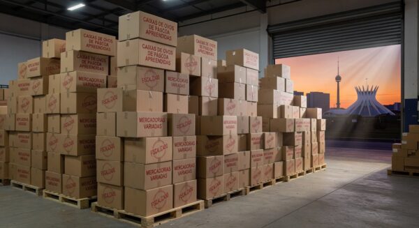 Mercadorias irregulares apreendidas pela Seec-DF na Operação Páscoa, caixas de ovos de chocolate em armazém no Distrito Federal.