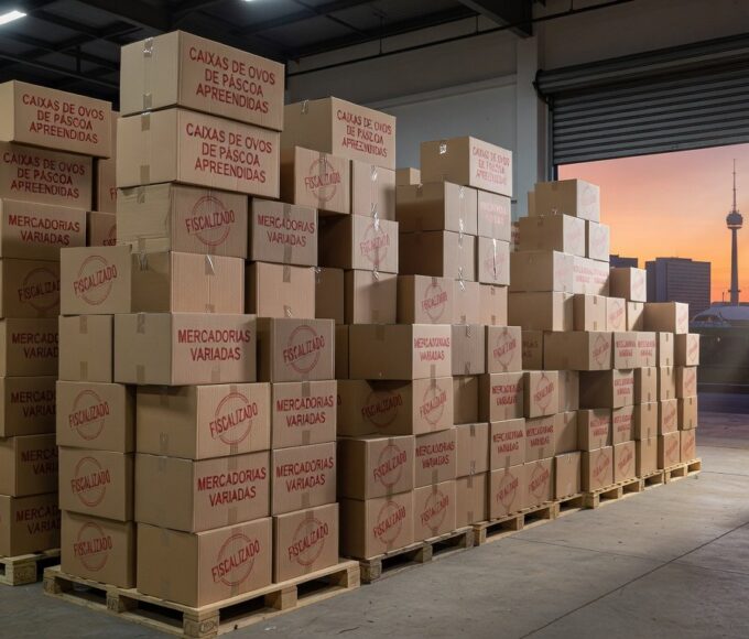 Mercadorias irregulares apreendidas pela Seec-DF na Operação Páscoa, caixas de ovos de chocolate em armazém no Distrito Federal.