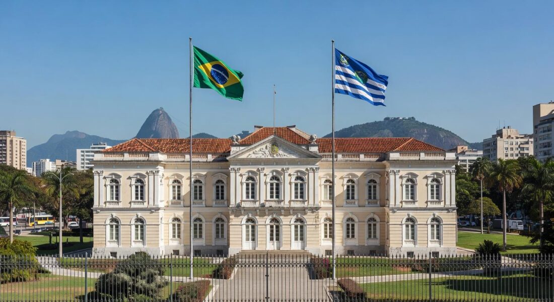 Palácio Guanabara no Rio de Janeiro com bandeiras, representando eleições diretas para mandato tampão no governo.